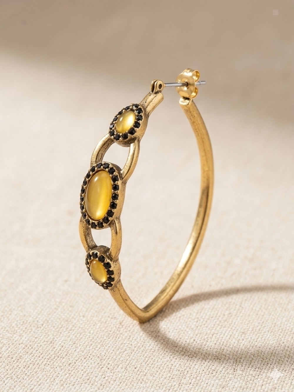 Gold Hoop Earrings with Yellow Cabochon Accents - Women Jewelry
